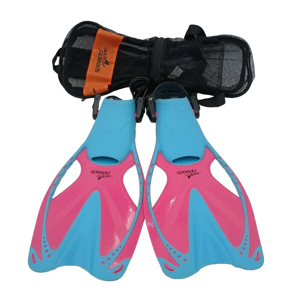 Speedo Dive Diving Flippers Youth Jr Size L/XL US 1-4 Mesh Bag Pink & Blue